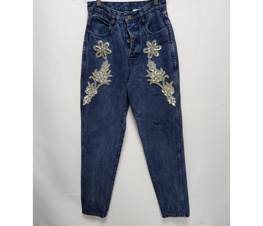 Rio Embroidered Denim Jeans Blue Tapered Women See Measurements